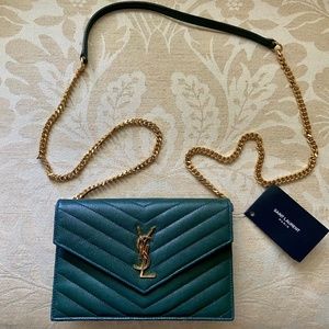 Yves Saint Laurent/YSL Emerald Green Calfskin Wallet/Crossbody with Chain